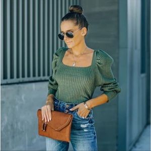 Square Neck Puff Sleeve Green Sweater
